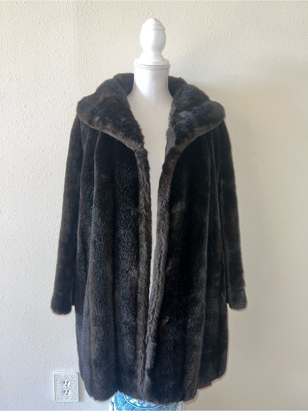 Vintage 60s Tissavel France Faux Fur Jacket Oversized Dark Brown AS IS Repair
